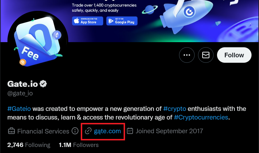 Gate.io Twitter account with fake URL