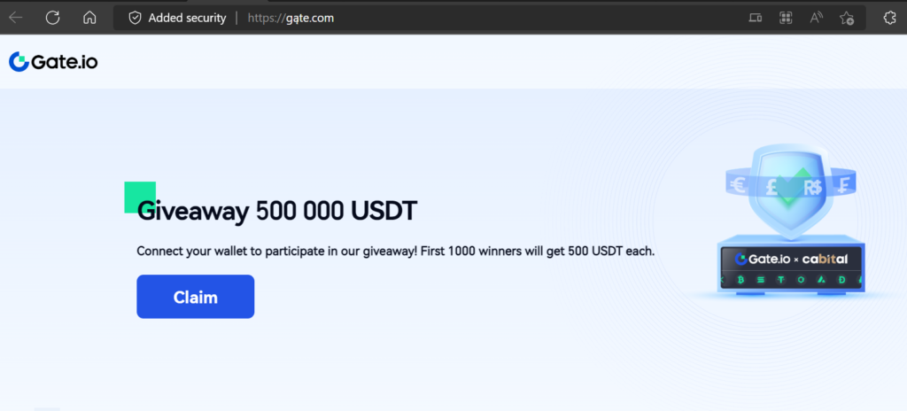 Fake website with fake giveaway of 500,000 USDT