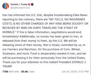screenshot of Trump announcement post on Truth Social